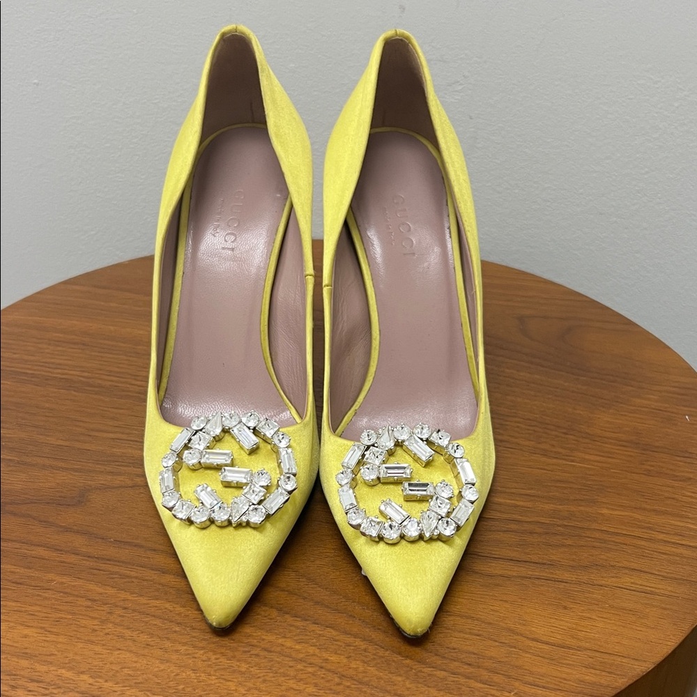 Gucci Yellow Satin Heels with Crystal Embellishments
